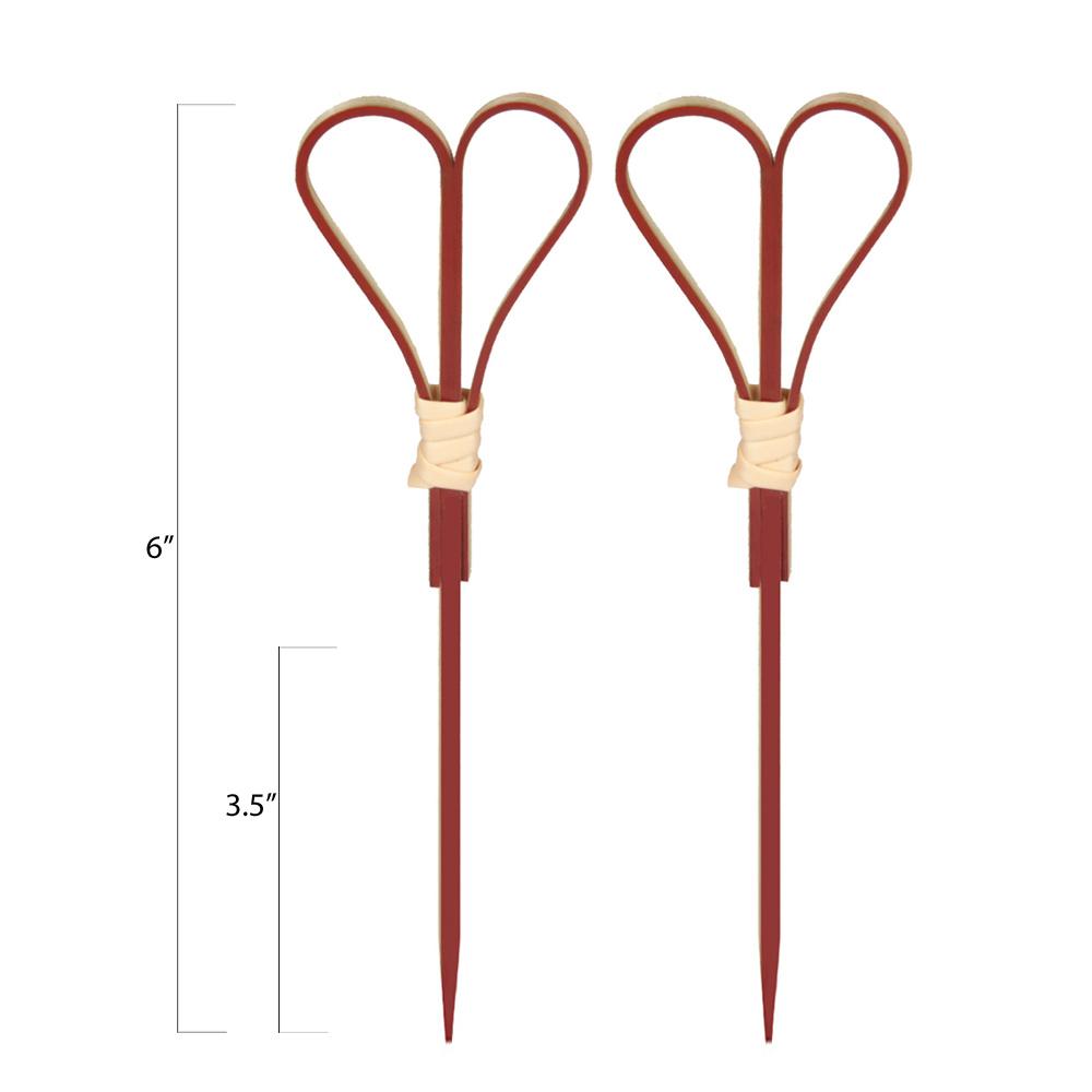 6 Inch Red Bamboo Tied Heart Picks - Pick On Us, LLC