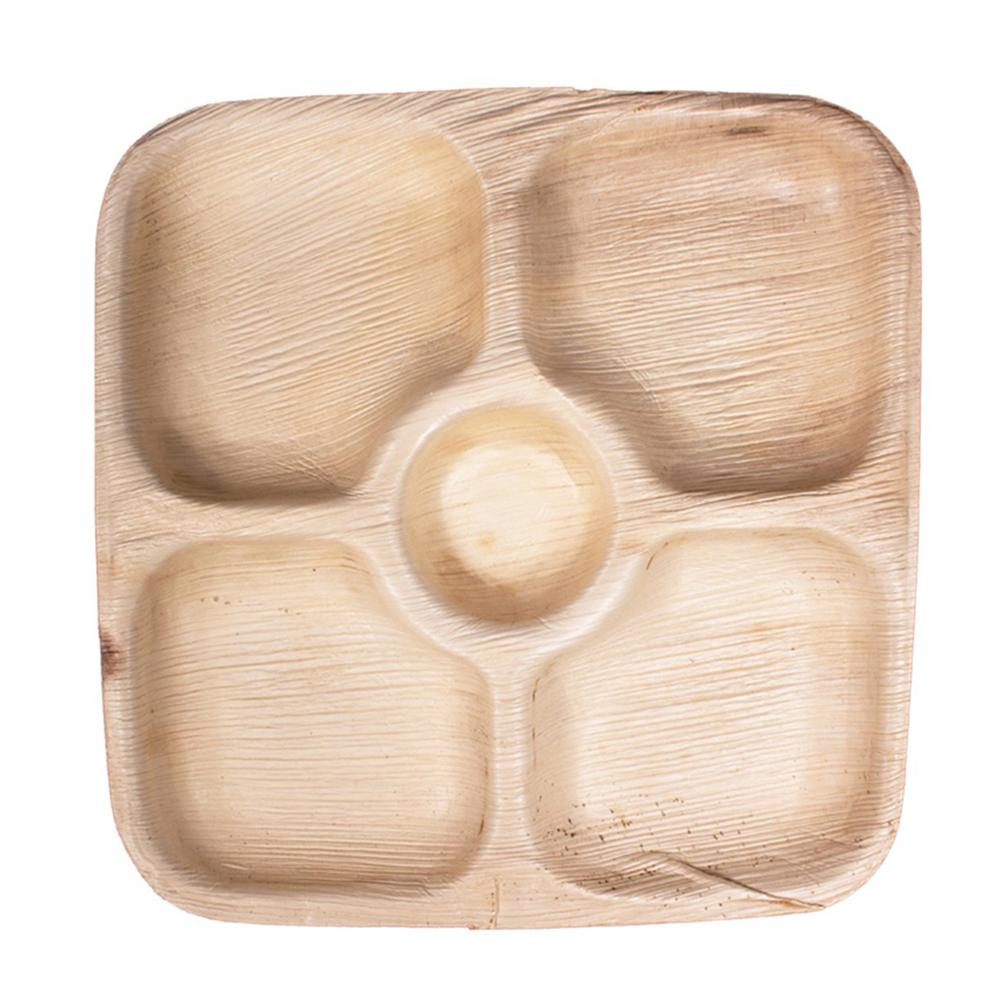 9 x 9 Inch Five Compartment Palm Leaf Plate - Pick On Us, LLC