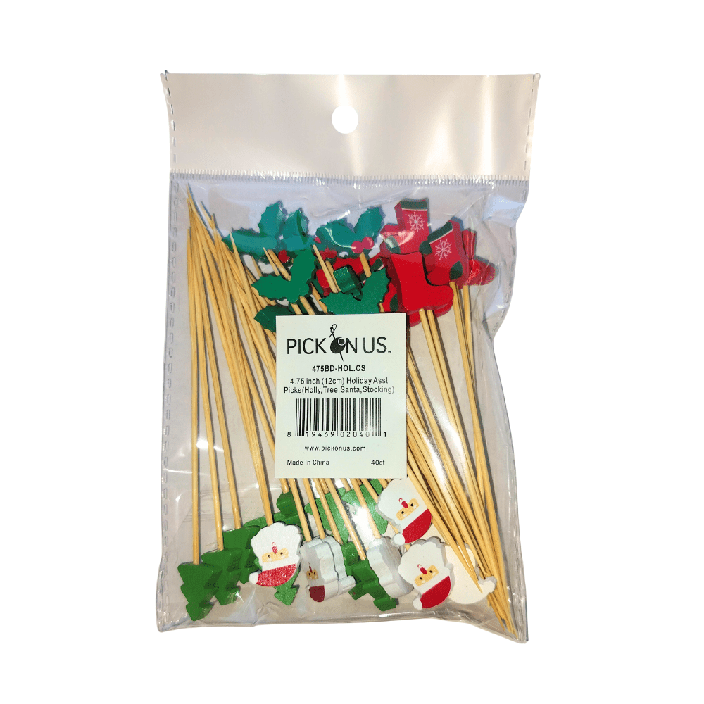 4.75 inch Holiday assorted Picks - Holly, Christmas Tree, Santa, Stocking - Pick On Us, LLC