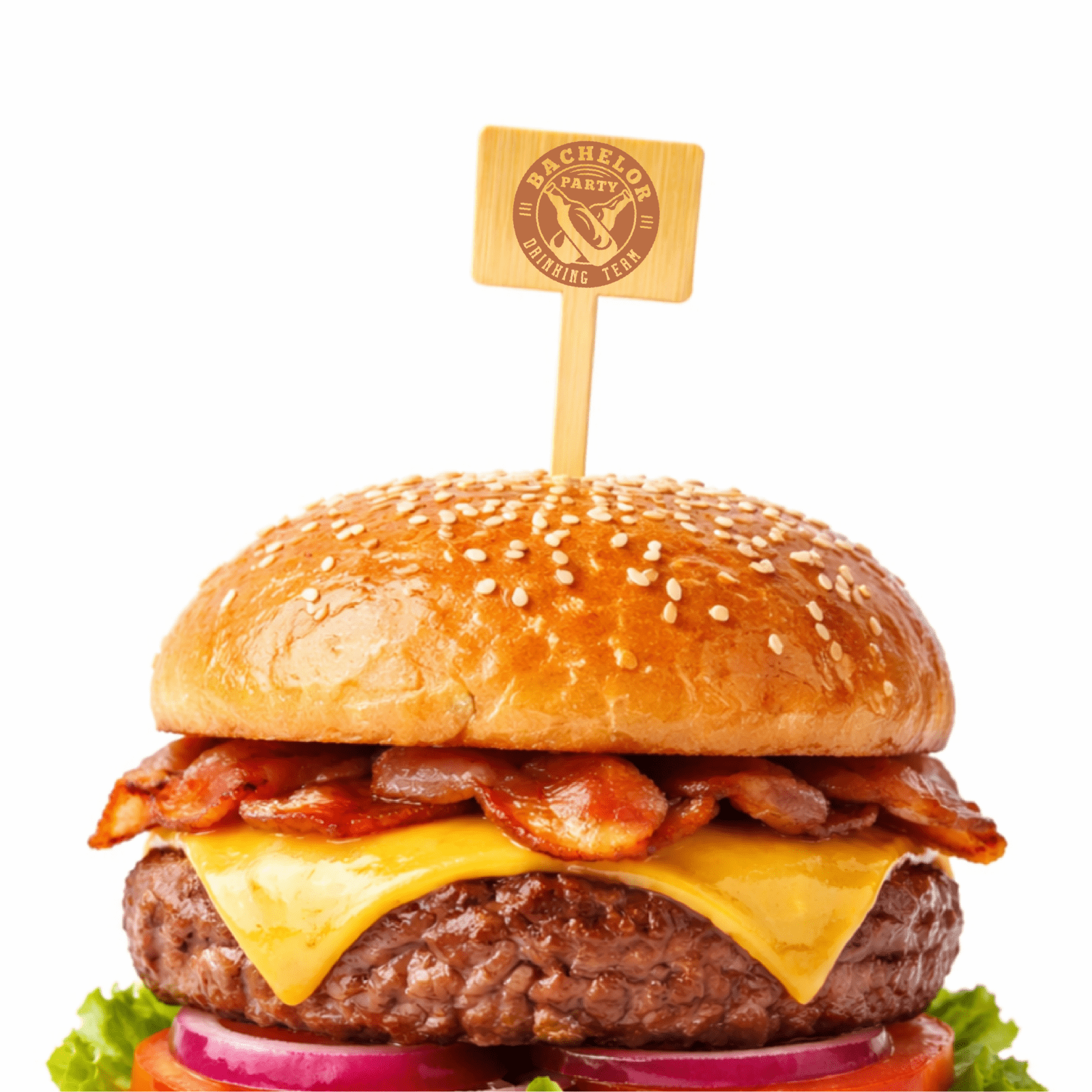 6 Inch Custom Bachelor Party Burger Picks - Bamboo Horizontal Rectangle - Pick On Us, LLC