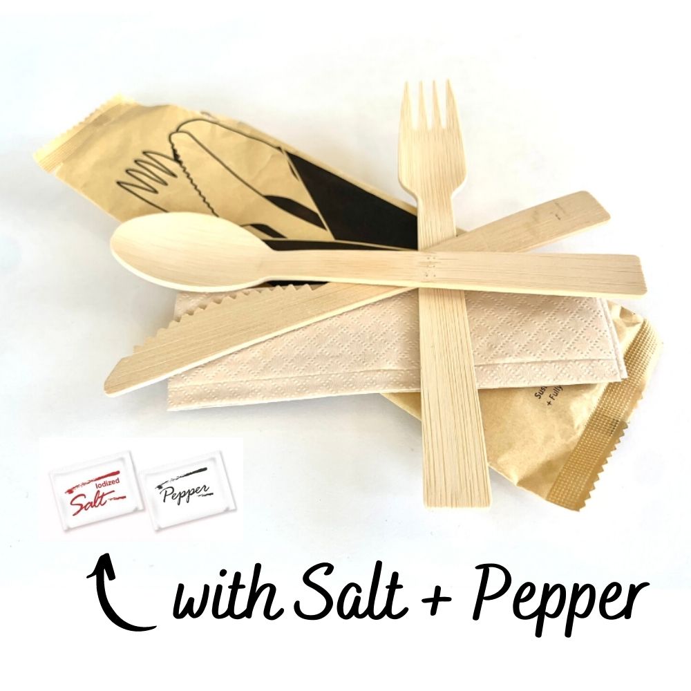Wrapped Premium Bamboo Utensil Set with Salt and Pepper - Pick On Us, LLC